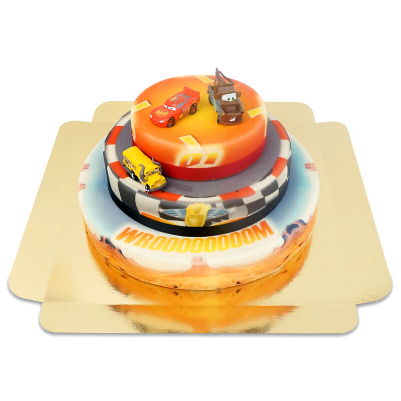 Cars® 3 - Lightning McQueen®, Miss Fritter® en Takel® op drie-verdiepingen circuit taart met lint