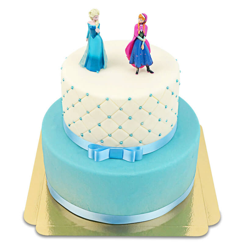 Anna® en Elsa® van Frozen® op luxe ijsblauwe taart 