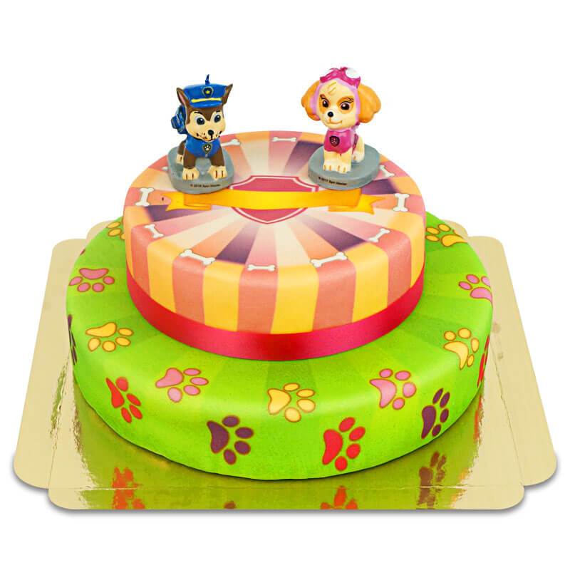 Paw Patrol® op een 2-laags roze hondenpoot taart