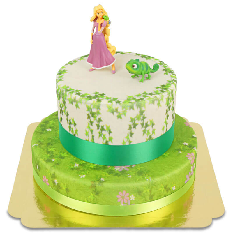 Rapunzel® en Pascal® op twee-verdiepingen torentaart met linten
